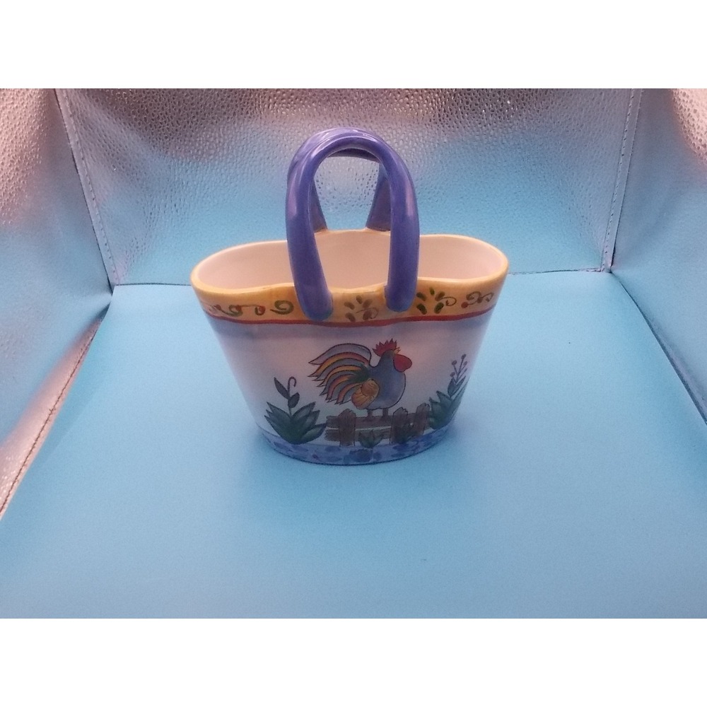 Ceramic Rooster Basket Planter French Country Farmhouse Caddy Blue Handles